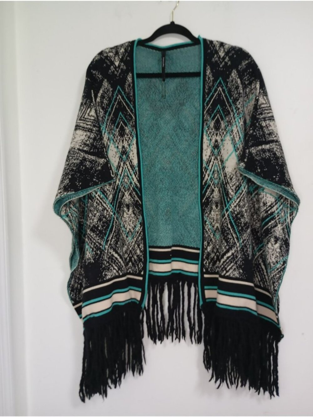 Pianura Studio Aztec Diamond Fringe Open Knit Cardigan OS Turquoise Black women